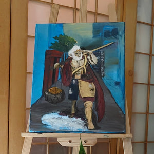 Painting of a character on an easel with a wooden background