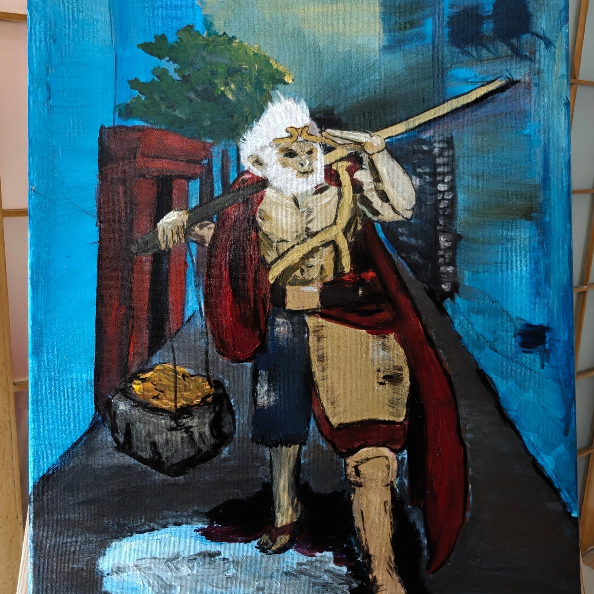 Painting of a character with a sword and treasure chest against a blue and gray background