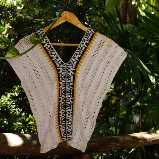 ORLA MOSAIC CROCHET MINI PONCHO IN WHITE NAVY AND MUSTARD